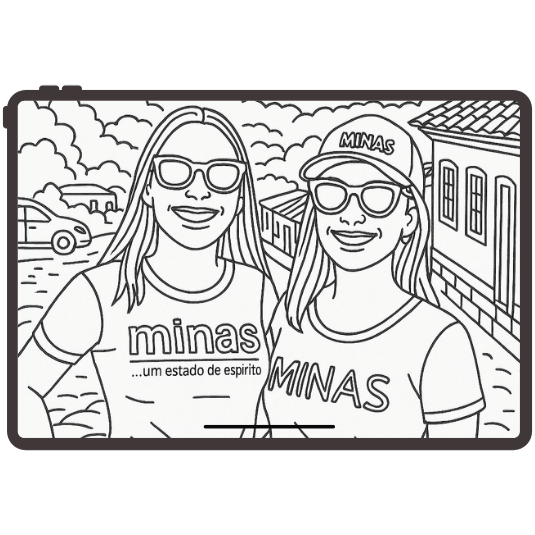 Desenho de duas mulheres em um tablet, pronto para colorir